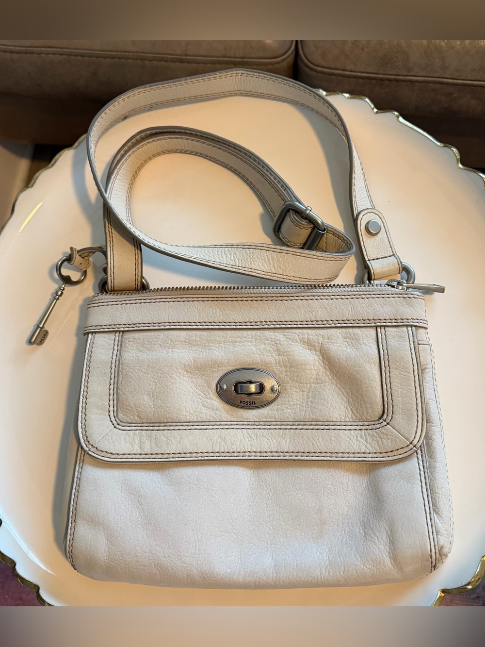 Fossil Cream Off White Leather Turnlock Crossbody Bag Long Live Vintage